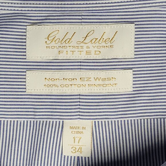 Roundtree & Yorke Mens Blue and White Striped Button Up Shirt Size 17 / 34 - Picture 5 of 11